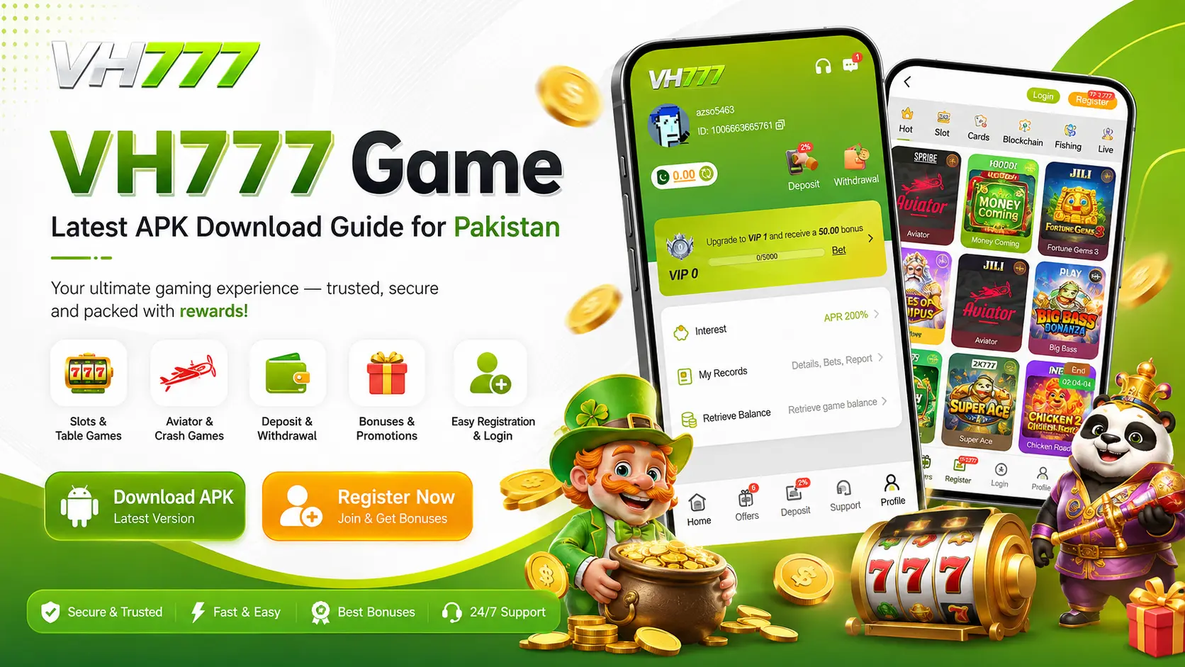 VH777 Game lobby with lime-green branding and popular game categories
