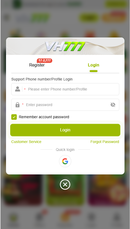 VH777 login form with forgot password and customer service