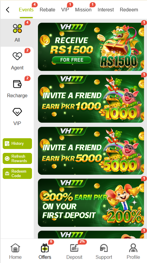 VH777 offers with Rs 1500 invitation rewards and 200 percent first deposit promotion