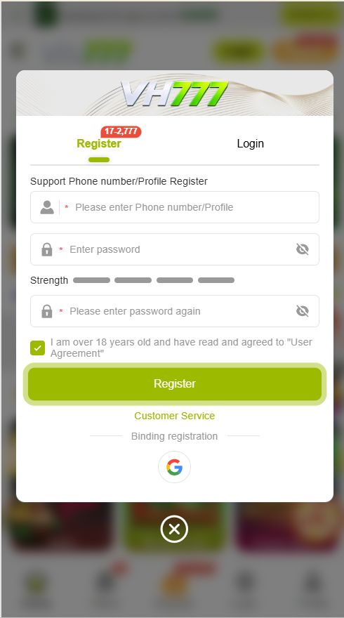 VH777 registration form with phone password age agreement and Google binding