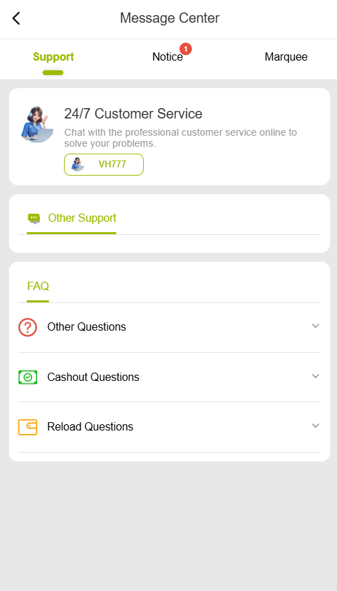 VH777 message center with 24 7 customer service and FAQ categories